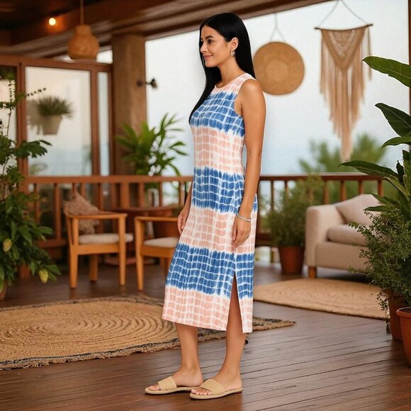 Boho Casual Tie-Dye Midi Summer Dress Sleeveless Soft Knit Color Block Look - Picture 7 of 13